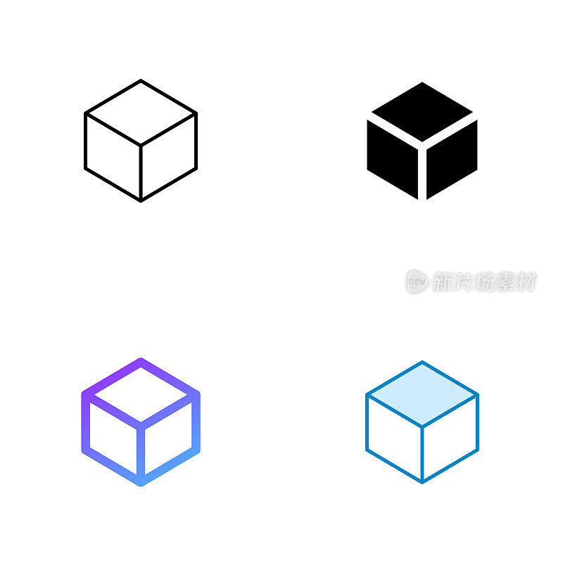 立方体图标设计在四种风格与可编辑的笔画。线，实线，平线和颜色梯度线。适合网页，手机App, UI, UX和GUI设计。